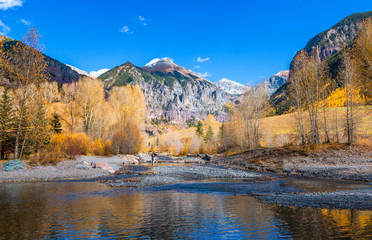 Fototapeta premium Fly Fisherman na rzece San Miguel w pobliżu Telluride jesienią