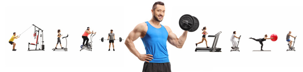 Muscular guy lifting weights and many people exercising in the background