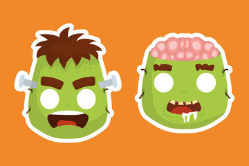 halloween heads of frankenstein and zombie characters