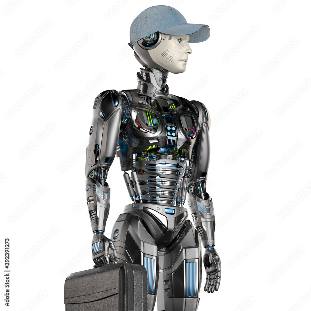 Poster futuristic humanoid businessman in a cap or detailed android worker standing with a bag. isolated on