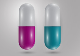 Set. Pill icon closeup, 3d realistic. Medical Isolated on a gray background. Capsule template design for graphic, mockup. The concept of medicine and healthcare.