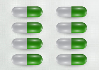 Set. Pill icon closeup, 3d realistic. Medical Isolated on a gray background. Capsule template design for graphic, mockup. The concept of medicine and healthcare.