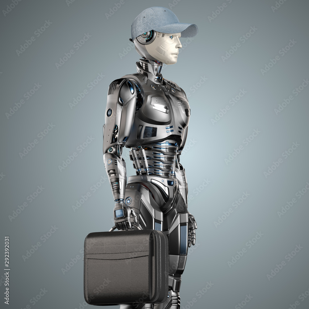 Poster futuristic humanoid businessman in a cap or detailed android worker standing with a bag. isolated on
