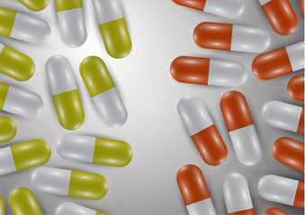 Background with bright pills, capsules. Vitamin pills for good health and antibiotics. Poster banner for website. Pharmacy, painkiller capsules and medications.
