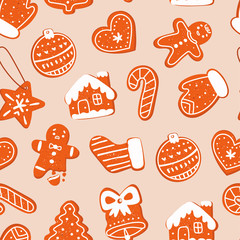 Various tasty gingerbread cookies. Hand drawn colored vector seamless pattern. Holiday trendy illustration. Different shapes of sweets. Christmas winter mood. Cartoon style. Flat design