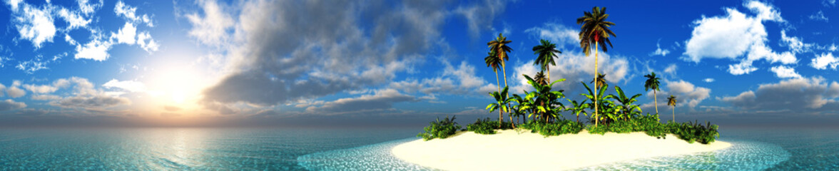 Panele Szklane  Tropikalna wyspa z palmą o zachodzie słońca. Ocean zachód słońca nad bezludną wyspą z palmami.