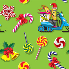Seamless pattern candy characters pizza on a snowboard Christmas bell. Vector image.