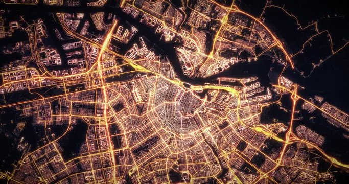 Aerial night view of city of New York. Traffic and street light glowing. Camera flying high above, moving higher away and rotating from space filming cinematic straight down. 3d animation rendering.