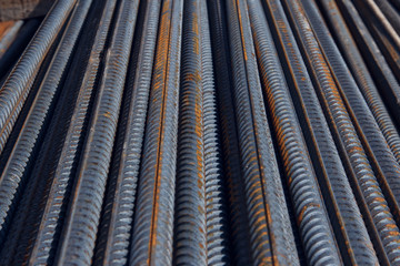 Brand new steel rebars. Preparation for pouring concrete. Construction of buildings of reinforced concrete.