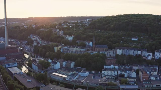 areal panning shot of a city in germany - wuppertal in nordrhein westfalen