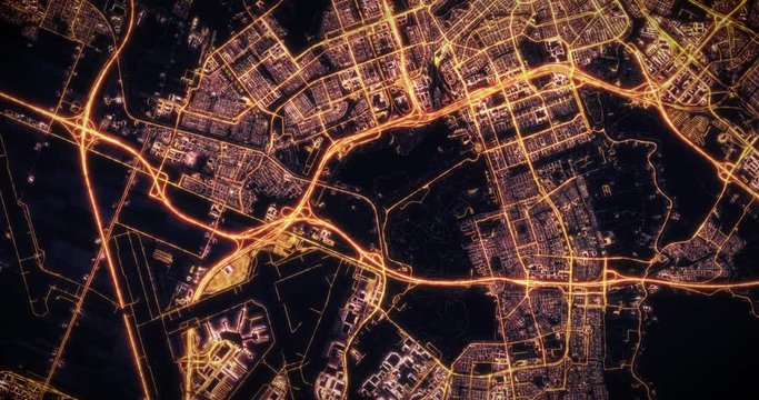 Aerial night view of city of Amsterdam, Netherlands. Traffic and street light glowing. Camera flying high above, moving around city from space filming cinematic straight down. 3d animation rendering.
