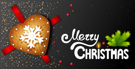 Horizontal postcard with in the shape of a heart christmas cookie and text merry christmas