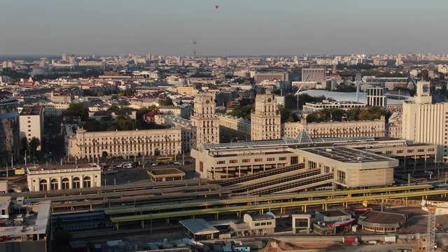 Minsk train station. City center. Shot on a quadrocopter
