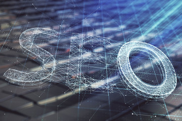SEO hologram with abstract background. Multi exposure. Concept of Search
