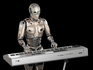 Futuristic robot man or detailed android cyborg playing music and composing a song with electric piano. Isolated on black background. 3d render