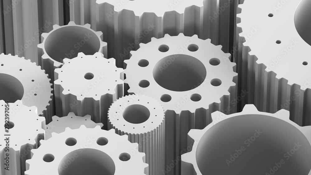 Poster isometric 3d render of cogwheels that are stacked together. extruded gears with bright light and sha