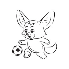 Fototapeta na wymiar Black and white illustration of smiling fennec fox who plays soccer. Cute kawaii cartoon character. Funny emotion and face expression. Isolated on white background