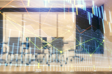 Double exposure of forex chart on conference room background. Concept of stock market analysis