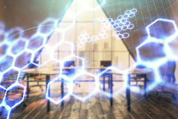 Double exposure of technlogy theme abstract hologram on conference room background. Concept of hightech