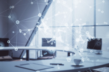 Double exposure of technlogy theme abstract hologram on conference room background. Concept of...