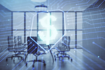 Business theme hologram on conference room interior background. Double exposure. Concept of brainstorming in business.