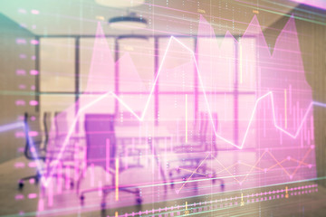 Multi exposure of stock market graph on conference room background. Concept of financial analysis