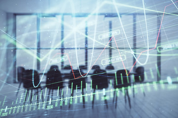 Multi exposure of stock market graph on conference room background. Concept of financial analysis