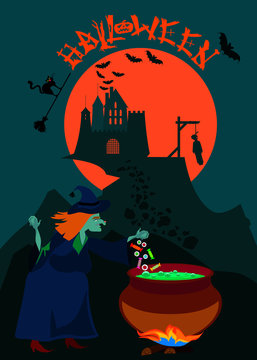 A witch is cooking a potion in a cauldron. Halloween theme art. Vector illustration