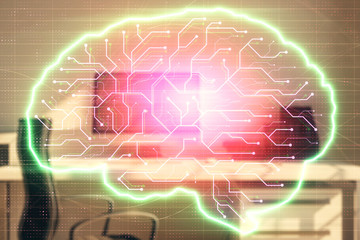 Brain sketch hologram with desktop office background. Double exposure. Brainstorm concept.