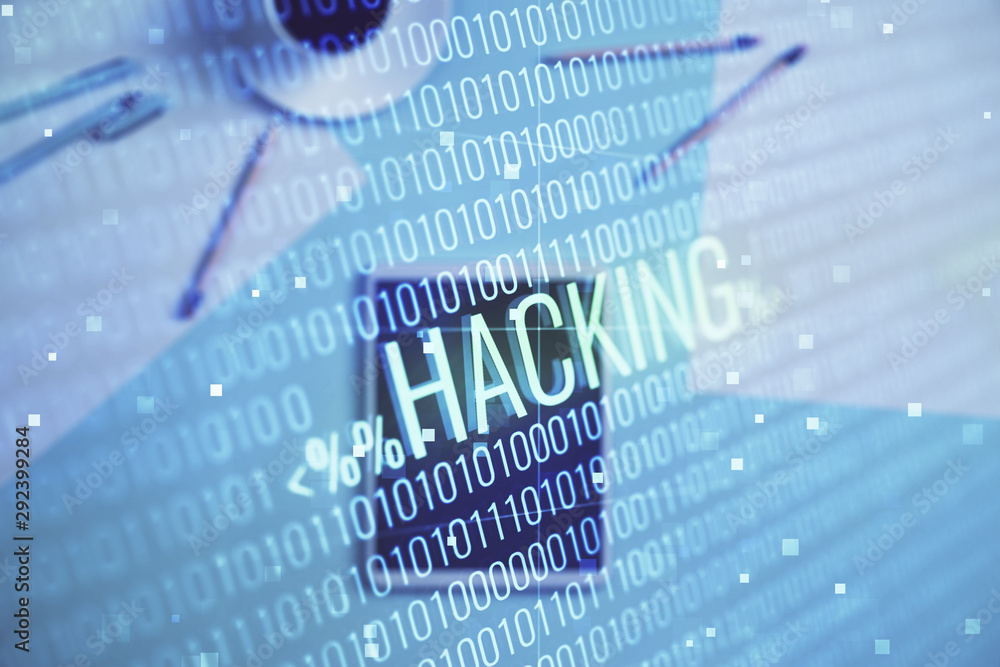 Poster double exposure of hacking theme drawing on digital tablet, table background. concept of data securi