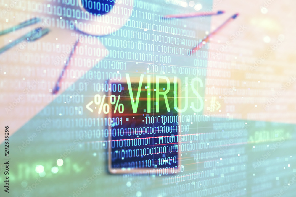 Poster double exposure of hacking theme drawing on digital tablet, table background. concept of data securi