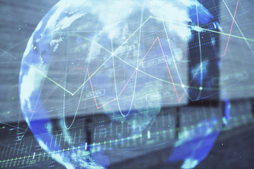 Double exposure of stock market graph and globe hologram on empty exterior background. Concept of analysis