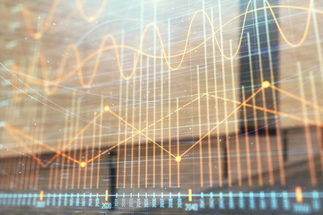 Double exposure of stock market graph on empty exterior background. Concept of analysis