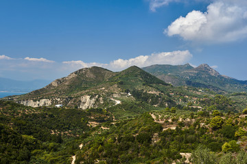 Fototapeta na wymiar Mountain peaks, rocks and sea on Zakynthos island in Greece.