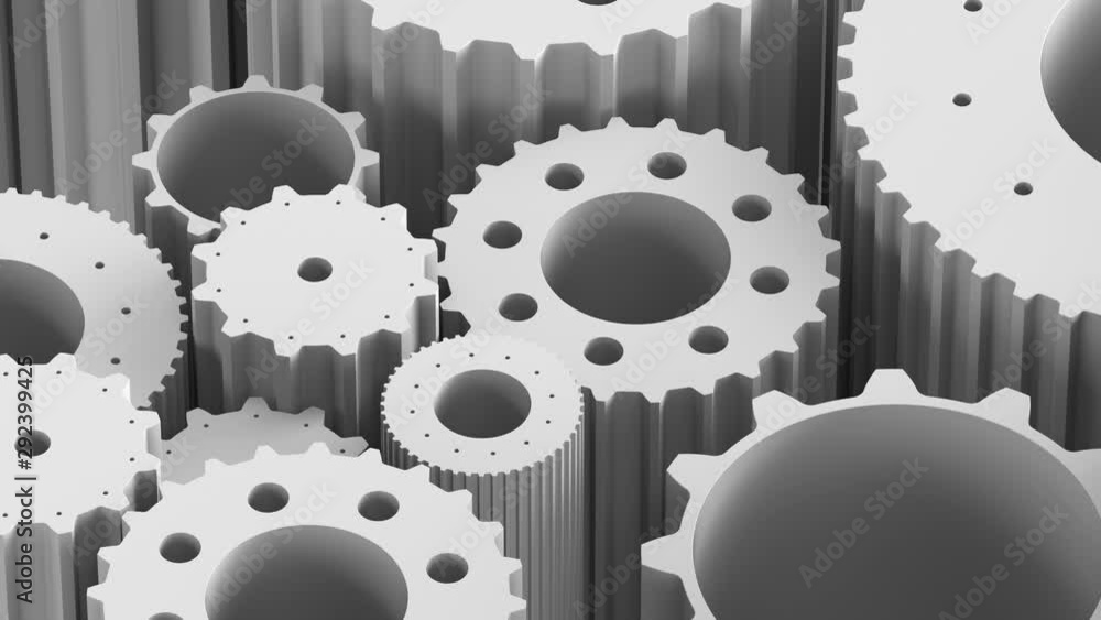 Poster loopable isometric 3d render of cogwheels that are stacked together. extruded gears with bright ligh