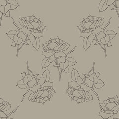 Rose Pattern on gray background. Seamless floral pattern. Botanical illustration