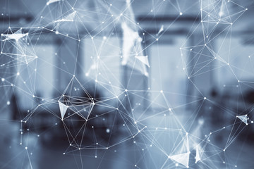 Technology theme drawing with office interior on background. Multi exposure. Concept of innovation