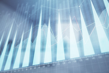 Stock market chart with trading desk bank office interior on background. Double exposure. Concept of financial analysis