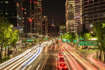 Fototapeta na wymiar Timelapse Traffic at night in Seoul City, South Korea