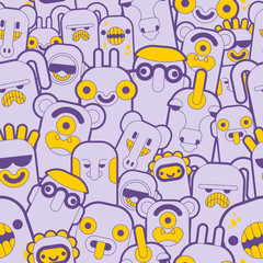 Doodle monster pattern seamless purple. Cartoon character background. vector texture