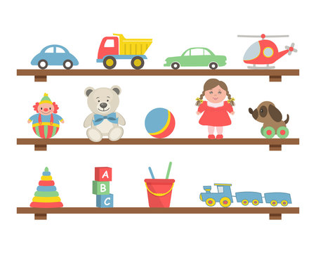 Toys on the shelves. There are cars, a helicopter, teddy bears, a doll, a ball, a train, a dog, a clown, a pyramid, cubes and other items in the picture. Toys for little children. Vector illustration