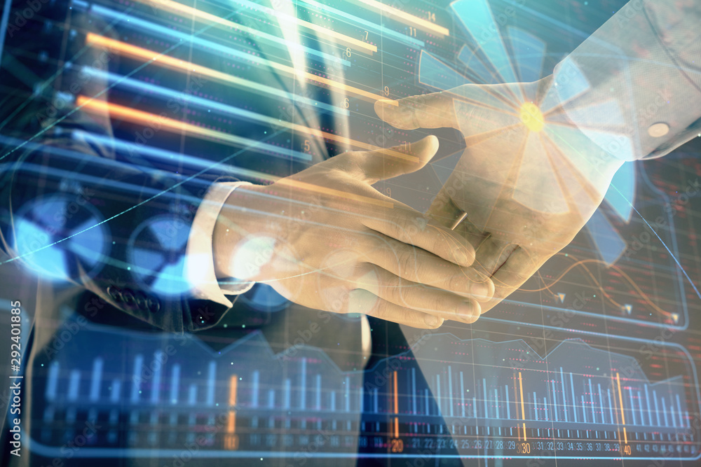 Poster multi exposure of business graph on abstract background with two men handshake. concept of success