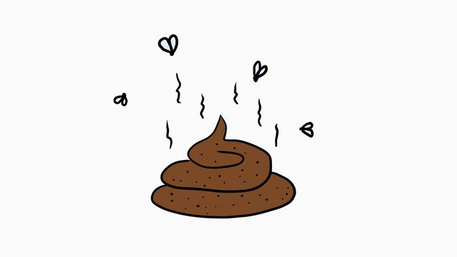 Loopable hand-drawn animated cartoon doodle shit on white background. Flies fly around the poop. 4K footage.