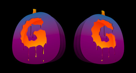 Halloween Pumpkins carved Alphabet glowing inside with clipping paths.