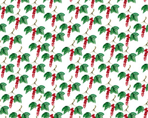 Seamless pattern with branch and leaves of red currant. Watercolor background for textiles, packaging or Wallpaper.