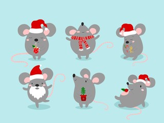 Set of cute funny mouses in different poses in cartoon style. Happy New Year greeting card with cute rat, symbol of 2020 year. Chinese New Year. Vector illustration.