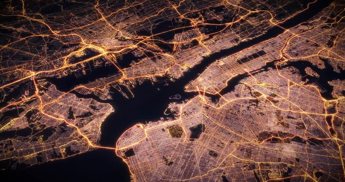 Aerial night view of city of New York, USA. Traffic and street light glowing. Camera flying above space filming to city center. Rotating around and making endless loop. 3d animation rendering.