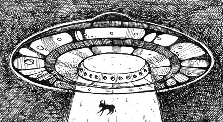 Spaceship stealing a cow. UFO illustration. Old School style. © ashfay