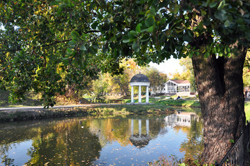 Fototapeta na wymiar Autumn landscape of the lake surrounded by a city Park.