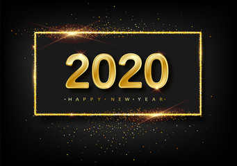 Happy New Year of glitter gold fireworks. Vector golden glittering text and 2020 numbers with sparkle shine for holiday greeting card.